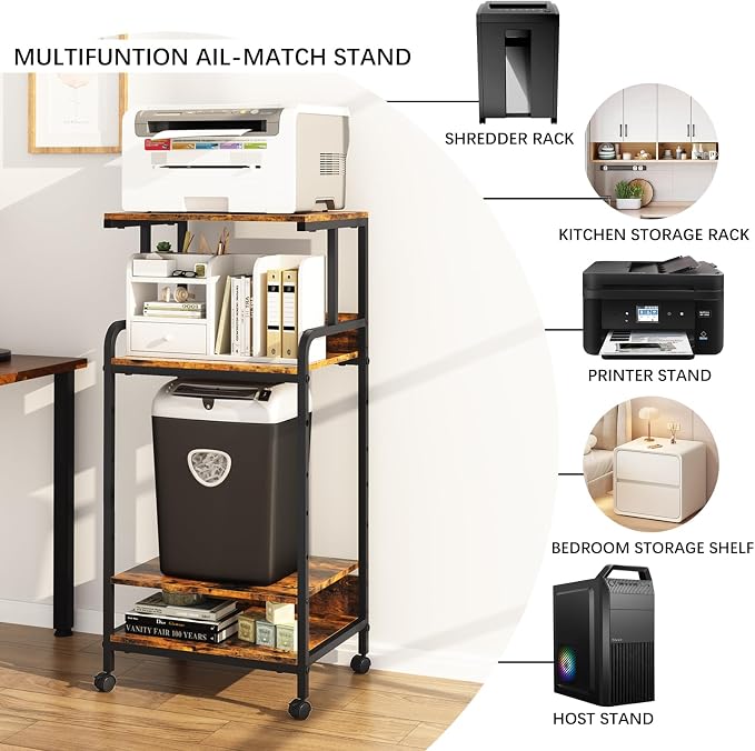 Arbuxzuy 4 Tier Printer Stand with Storage Shelf, Large Tall Printer Cart with Wheels, Mobile Printer Table for Home Office, Adjustable Stands for Heat Press Scanner Fax (Brown)