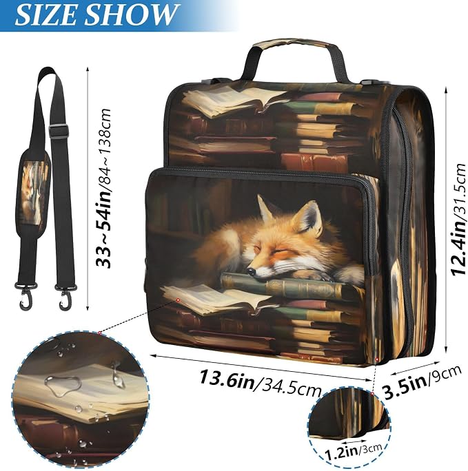 Fox Cartoon Print Zipper Binder Bag 3 Ring with Shoulder Strap & Handle Multi Pocket Binder Organizer Bag Large Capacity for School Office Supplies
