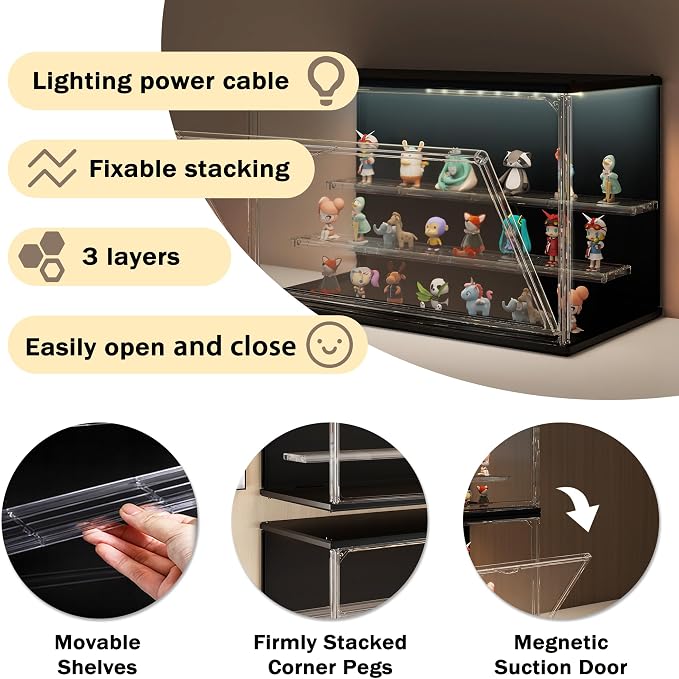 Clear Display Case for Collectibles, 3-Tier Stackable LED Figure Display Case with Magnetic Door, Adjustable Showcase for Models, Miniatures, Jewly (Black,2PCS)