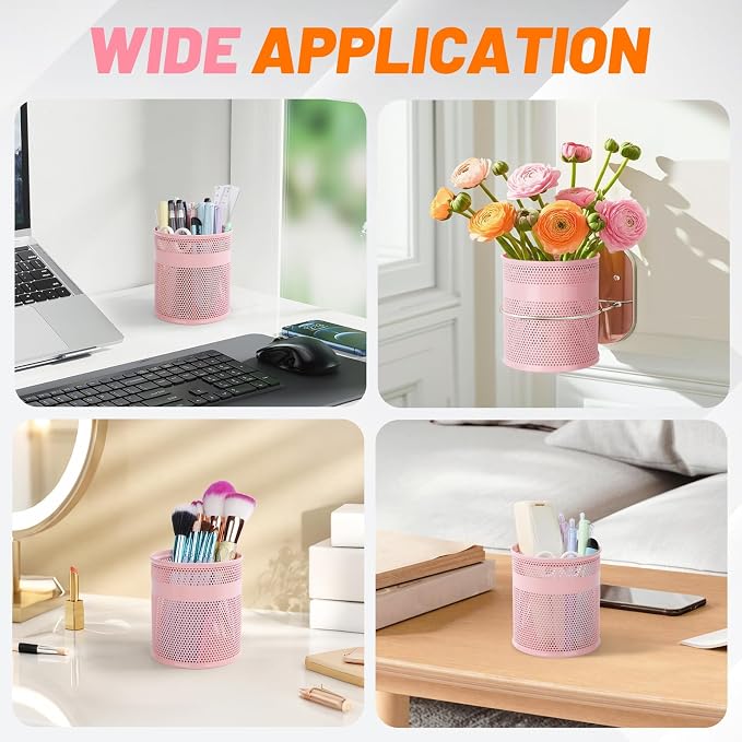 Segarty Pencil Holder, 6 Pack Pink Pen Holder for Desk, 3.9 x 4.2 inch Large Mesh Round Pen Cup Container Set Desktop Accessories Organizer for Office Supply, School Classroom, Makeup Brush