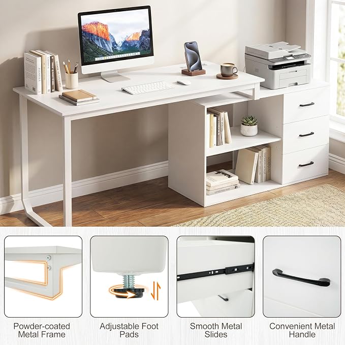 GIANTEX 55 Inch L-Shaped Desk with Charging Station, Reversible Computer Desk with 3 Drawers, Adjustable Shelf, Large Computer Workstation, Corner Desk for Small Spaces, Home Office (White)