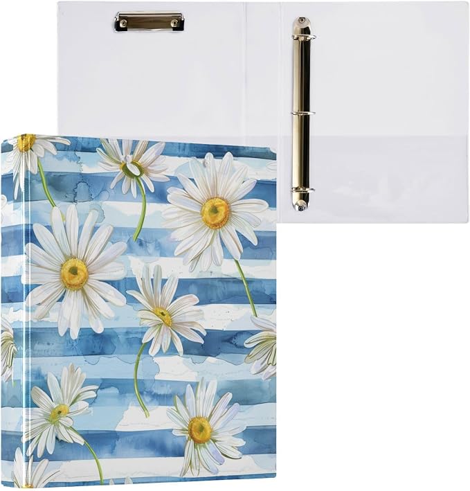 3 Ring Binder, Blue Striped Daisy Flowers File Folder Holds 200 Sheets File Storage for Women Men School Office Supplie