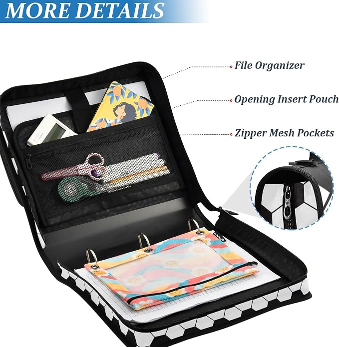 Soccer Ball Binder Bag 3 Ring Zipper with Handle Shoulder Strap | for School Work Office Organizer Storage Case