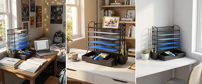Simple Houseware 6-Tier Desk File Organizer w/Drawer & Pen Holder, Black | 5 Tilted Letter Trays for A4 Paper, Mail and Documents