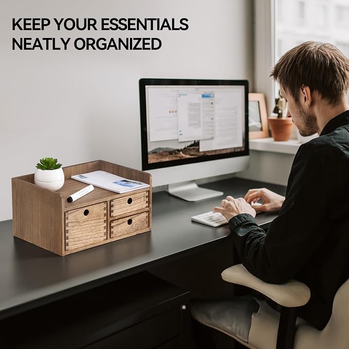 KIRIGEN Wooden Desk Organizer with 3 Drawers and Top Tray, Brown DT1D3C-DBR | 3-Drawer Cabinet with Top Tray Stores Office Supplies, Toiletries, Tools, Crafts, and Small Accessories on Desks or Counters