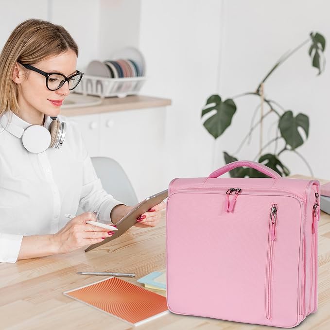 2 Inch 3 Ring Zipper Binder with 500 Sheet Capacity, 6 Tab Expanding File Folder, Multi-Pocket Design, Shoulder Strap and Handle for Middle School and Office (Pink)