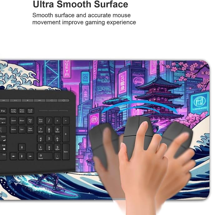 XXL Gaming Mouse Pad 31.5x15.7 Inch,Cyberpunk Neon Japanese Wave Desk Mat | Cyberpunk Japanese Wave Art Extended Mousepad with Water-Resistant Non-Slip Rubber Base,Large Desk Pad for Gaming,Office