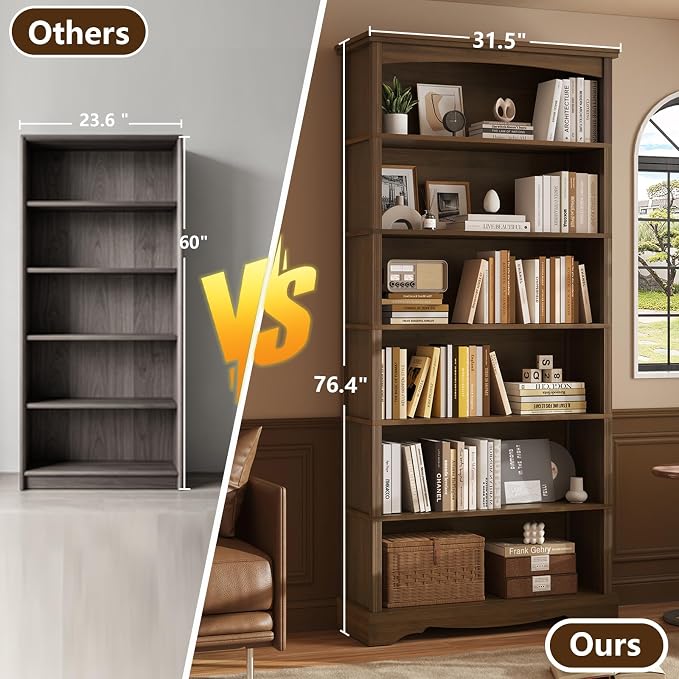 TVU 6-Tier Wooden Bookshelf, 76 Inch Tall Bookshelf with Storage, Floor Standing Modern Style Display Bookcase for Living Room, Office, Study Room, Entryway, Brown