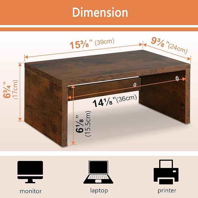 TEAMIX 6.7 inch Tall Monitor Stand Riser, Wood Shelf Riser, Desk Organizer | Laptop/Printer/Computer Stand, Extra Storage Underneath,Hold 80 Lbs, Rustic Design, Smooth Espresso Finish, for Home Office