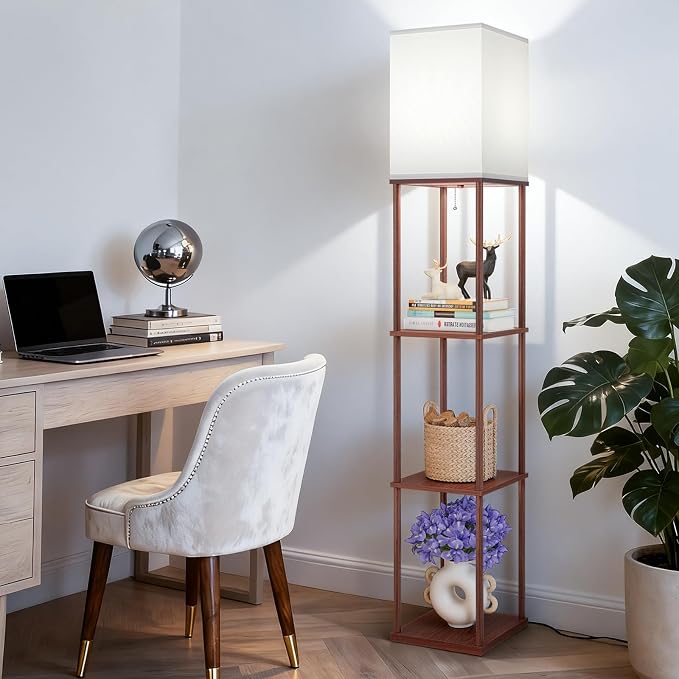 Floor Lamp with Shelves, 3-Tier Modern Square Bookshelf Standing Lamp Brown | 3 Color Temperature Bulb Included, Pull Chain Tall Lamp for Living Room Bedroom Corner Office Apartment Decor