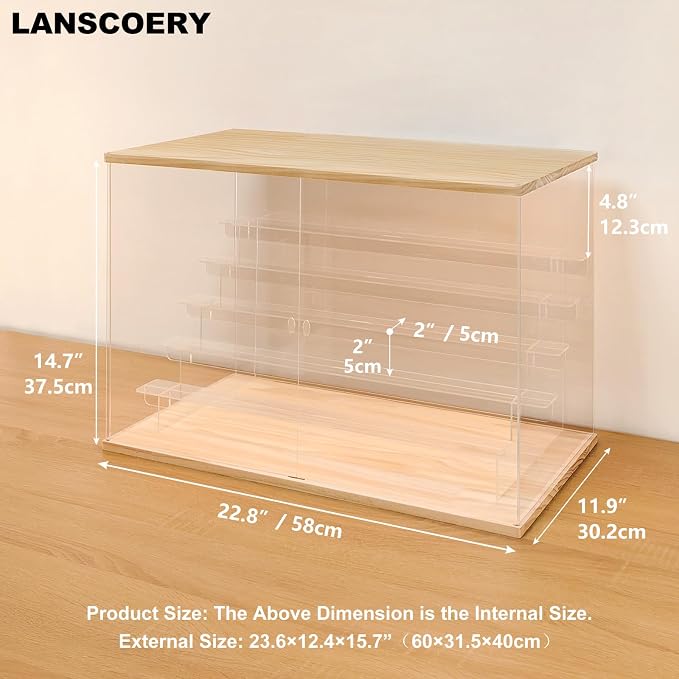 LANSCOERY LED Lighted Acrylic Display Case, 6 Tier Display Box for Collectibles and Action Figures, Clear Dustproof Organizer with Wooden Base – 22.8x11.9x14.7inch