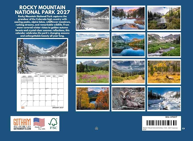 Rocky Mountain National Park Calendar 2027 Colorado Mountains The Rockies Monthly Wall Calender 12 Month | American Made In The USA