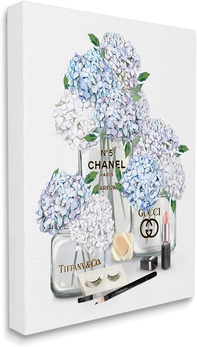 Glam Hydrangea Perfume Bottle Still Life, 24 x 30 Inch Canvas Wall Art | Stupell Industries · By Ziwei Li · Ready to hang · Chic fashion inspired decor for bedroom or office · Made in USA