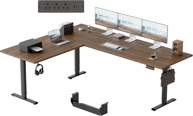 Agilestic 75 x 61 Inch L Shaped Standing Desk with Powerstrip, Dark Walnut | Outlets, Cable Management, Corner Desk, Ample Workspace, Memory Presets, Hooks, Stable Steel Frame,176 lbs, Splice Board