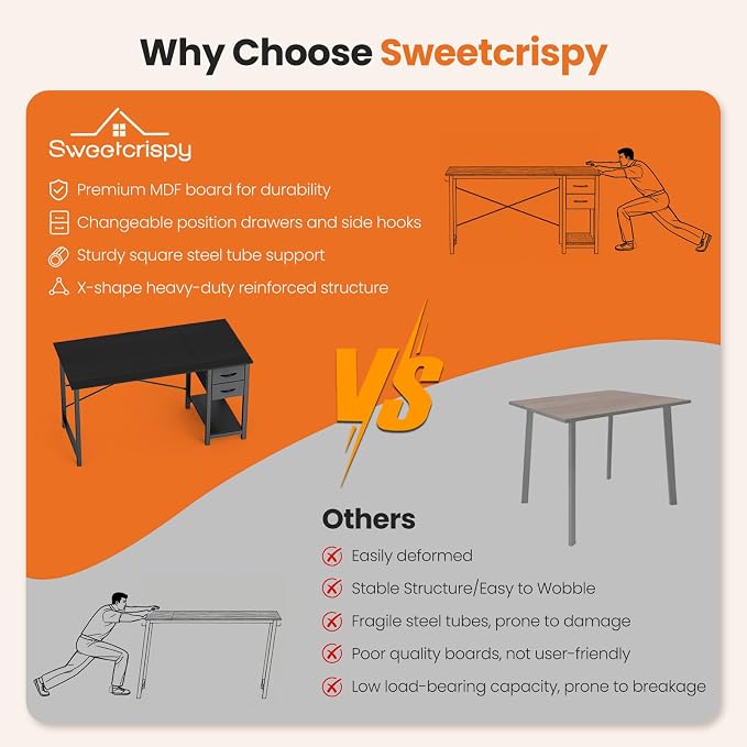 Sweetcrispy 40-Inch Computer Desk with Drawers, Office Desk, Black | Small Desk for Bedroom Home Office with Side Hook, Modern Simple Desk with Storage for Writing