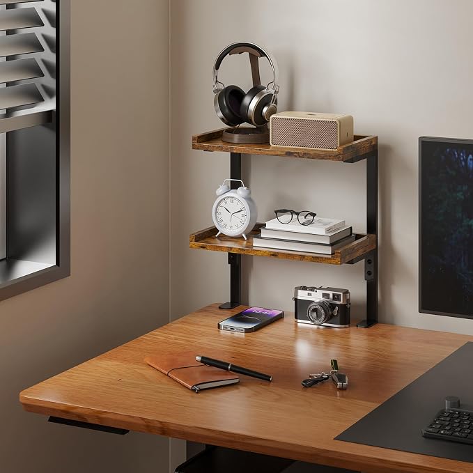 Clamp On Desk Shelf 2-Tier, 12.6 inche Wood Shelving Unit for Office Desk/Gaming Accessories, Tabletop Book Storage Rack, Shelf for Top & Under of Desk, Brown