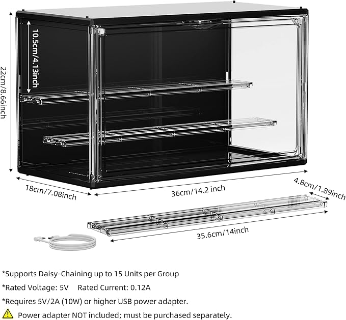 Acrylic Display Case for Collectibles with LED Light, 3 Layer Adjustable Figure Display Case with Magnetic Door, Lighted Display Box Stackable Clear Blind Box for Action Figure, Popmart, 2 Pack, Black
