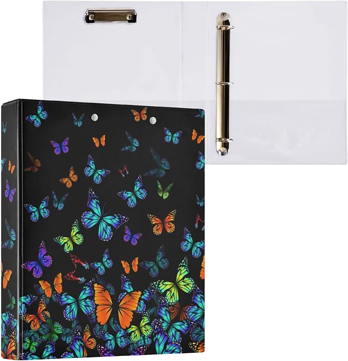 Butterfly Black Round Ring Binders 1.5 Inch Orange Purple Turquoise 3 Ring Clipboard Binder for Office School Work Supplies File Folder Document 200 Sheet Capacity Easy Open
