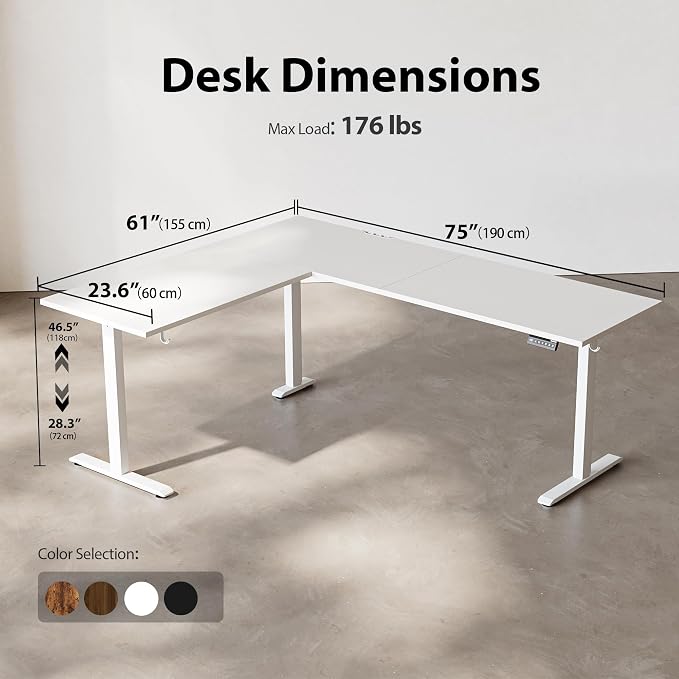 Agilestic 75 x 61 Inch L Shaped Electric Standing Desk, White | Corner Desk, Ample Workspace, Memory Presets, Hooks, Stable Steel Frame,176 lbs Capacity, Easy Assembly, Splice Board