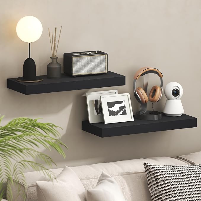 Furinno Tanna Floating Shelves for Wall, 9 x 24 Wall Shelf, Single Set Wall Mounted Floating Shelf with Invisible Bracket, 2-Inch Thick, for Bathroom, Living Room, Bedroom, Home Office, Americano