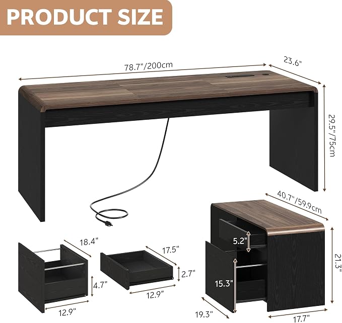 78" L-Shaped Executive Desk with Mobile File Cabinet, Black | Mid-Century L-Desk with Mobile File Cabinet, Drawers & Power Hub (4AC+2USB) Waterfall Edge. Large Workspace for Home Office