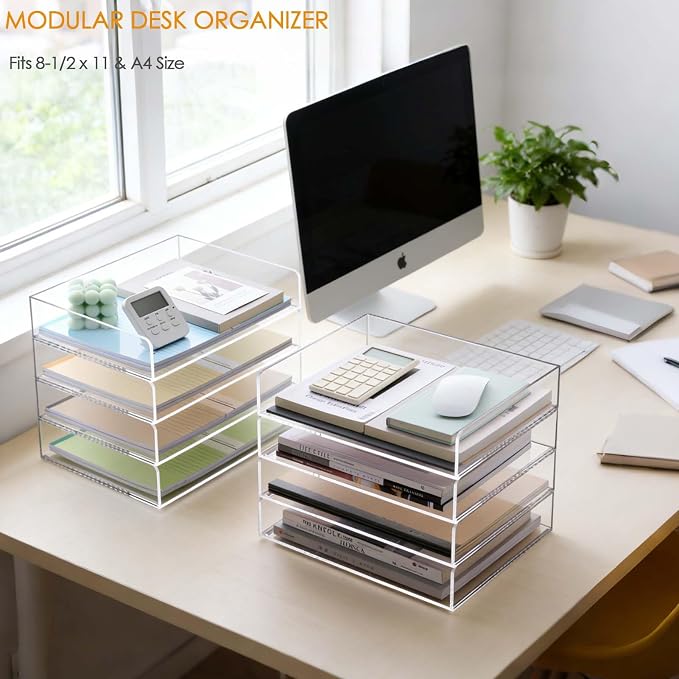 Acrylic Desk Organizer, Stackable Paper Organizer Letter Tray, 4-Tier | Clear Desk Organizers and Accessories, Office Supplies Organizer for Files, A4 Paper, Books, Mails, Office Classroom Home