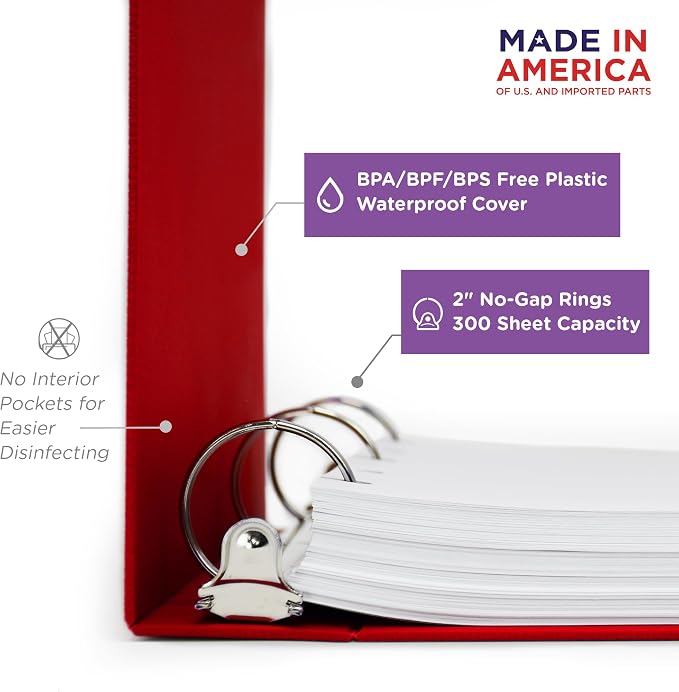 Carstens 2-Inch Heavy Duty 3-Ring Binder - Side Opening, Brick Red, Durable Plastic, Precision No-Gap Rings, Waterproof Covers, No Pockets, Holds 300 US Letter Sheets, BPA-Free, Made in USA (2828-3R)