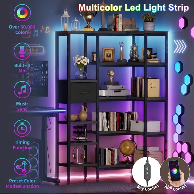 L-Shaped Corner Bookshelf with LED Light Strips & Fabric Drawers, 5-Tier Industrial Convertible Book Shelf Freestanding Display Shelf for Living Room,Home Office,Bedroom (Black)