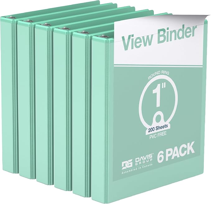 Pack of 6 Premium View Binders, Ring Binders with Clear-View Cover and Interior Pockets, Pastel Color Options, 1 Inch, Mint
