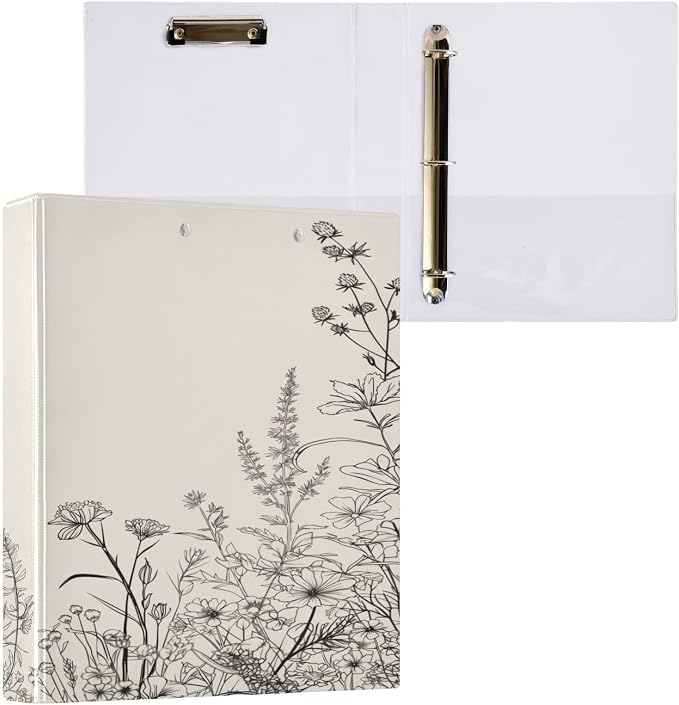 KEEPREAL 3 Ring Binder with Black and White Flowers Design - 1.5 Inch Heavy Duty Three-Ring Binder with 2 Pockets, Round Rings for Office Supplies (Letter Size)