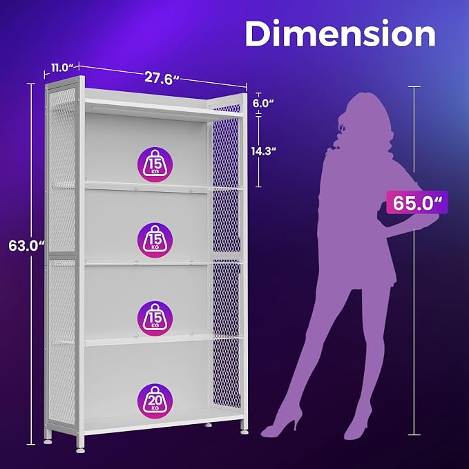 AODK Display Case with Glass Shelves & LED Lights, White Display Cabinet | 4-Tier Display Shelf with Industrial Metal Mesh, Open Storage Shelves for Collectibles, Curio Cabinet, Book Case