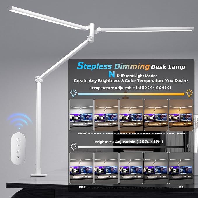 Airlonv LED Desk Lamp, Double Swing Arm Wide Lighting Area Desk Lamps for Home Office with Stepless Dimming, Eye-Caring Architect Desk Light with Clamp for Reading, Study, Workbench, Drafting(White)