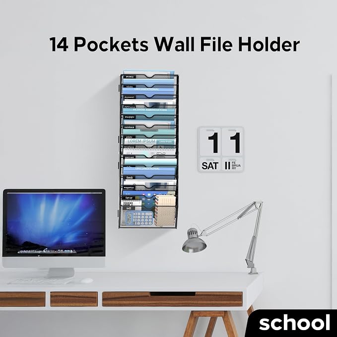 14-Tier Wall File Organizer and Hanging File Organizer, Black, 2Pack | Wall Organizer and Wall Mounted File Holder with 14 Pockets and Label Panels for Files, Mail, Folders, Magazines and Paper