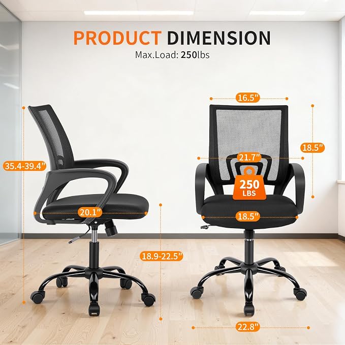 FDW Ergonomic Office Chair Home Desk Chair Task Mesh Computer Chair Gaming with Back Lumbar Support Armrest Modern Swivel Modern Adjustable Rolling Executive Mesh Chair for Women Men (Black) | with Lumbar Support & Adjustable Height | Breathable Mid-Ba...