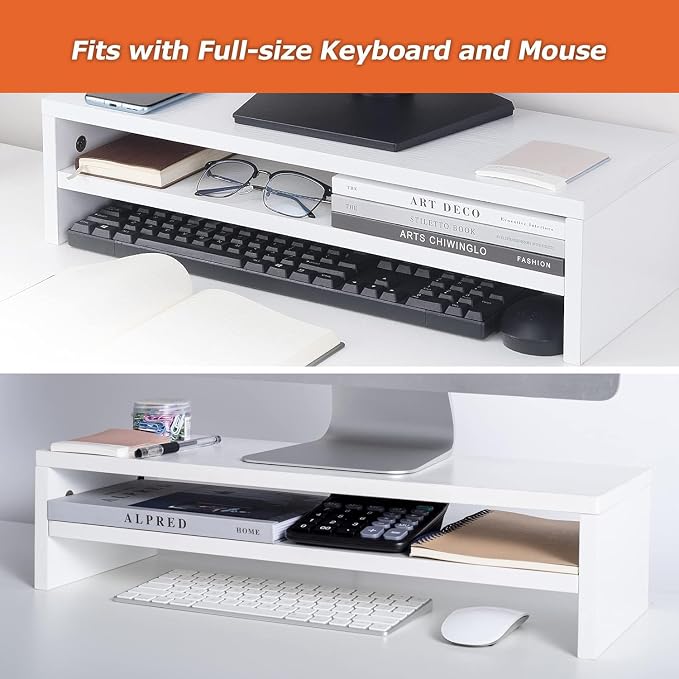 BEYGORM Monitor Stand Riser, White, 21.6 inch, 2 Tiers Wood Desk Shelf | For Full Keyboard, Computer Screen Stand with Storage for Desktop Laptop/Screen/TV/PC/Printer 21.6"L x 7.8"W x 5.2"H