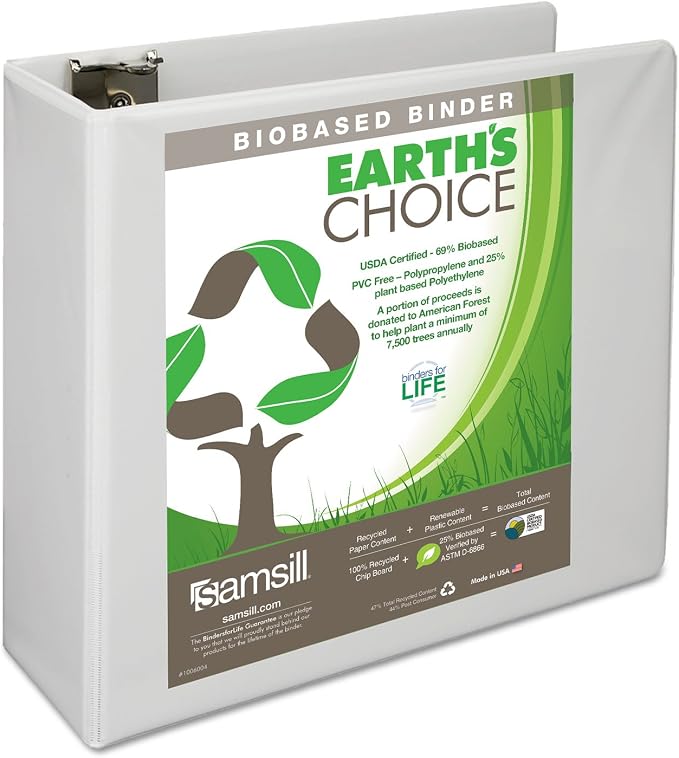 Samsill Plant-Based 4 Inch Durable D-Ring, View Binder, Eco-Friendly, USDA Certified Biobased, White, Pack of 1