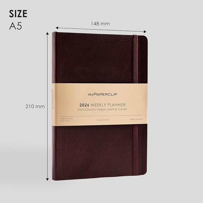 myPAPERCLIP 2026 Weekly & Monthly Planner, 12 Months (Jan2026 - Dec2026), A5 (5.6 in x 8 in), Italian Vegan Leather Planner with Weekly & Monthly Spreads, Yearly Overview – Brown
