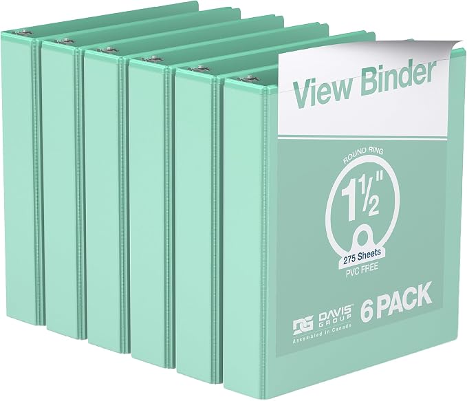 Pack of 6 Premium View Binders, Ring Binders with Clear-View Cover and Interior Pockets, Pastel Color Options, 1.5 Inch, Mint
