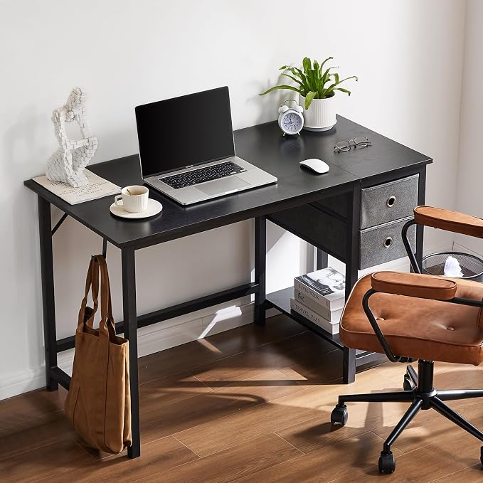 Sweetcrispy 40-Inch Computer Desk with Drawers, Office Desk, Black | Small Desk for Bedroom Home Office with Side Hook, Modern Simple Desk with Storage for Writing