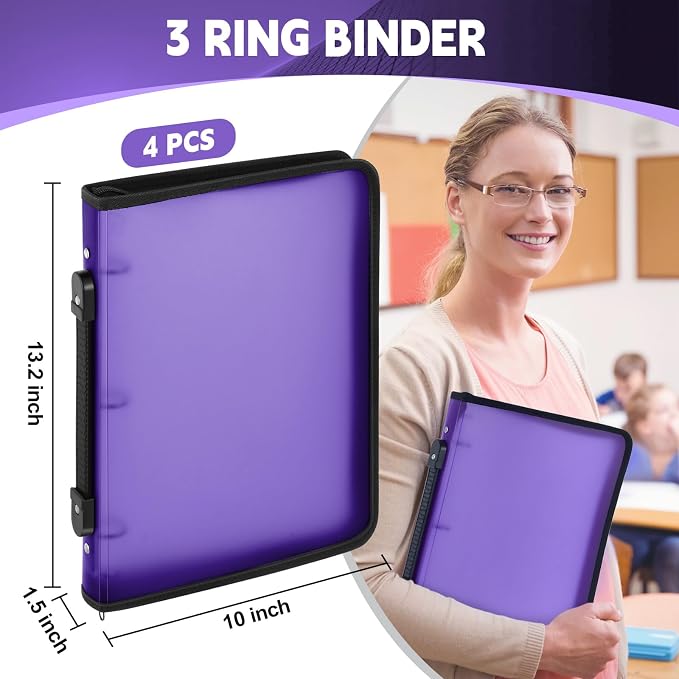 Teling 4 Pcs 1 Inch Zipper Binder 3 Ring Organizer, Purple | Secure Zipper Closure, Refillable 3 Ring Design, Handle Carry, Fits Letter Size Papers for School, Office and Projects