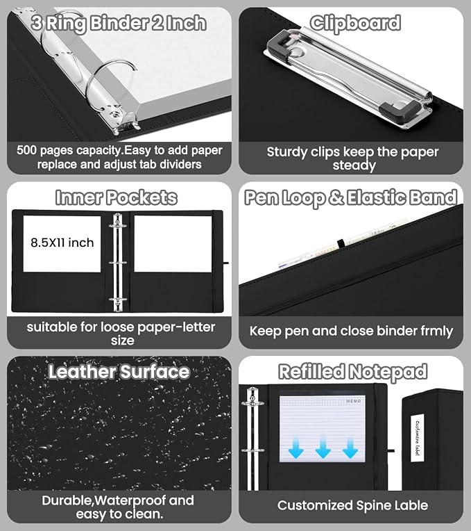 3 Ring Binder with Clipboard,2 Inch Binders with Notepad&5 Dividers with Pockets, Labels,PU Clipboards for School Office(Black,Letter Size)