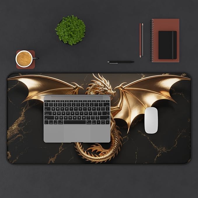 Golden Dragon Black Marble Desk Mat | Luxury Gaming Mouse Pad, Large Non-Slip Office Blotter