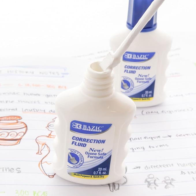 BAZIC Products Correction Fluid w/Foam Brush, Fast-Dry White, 20mL, 12-Box