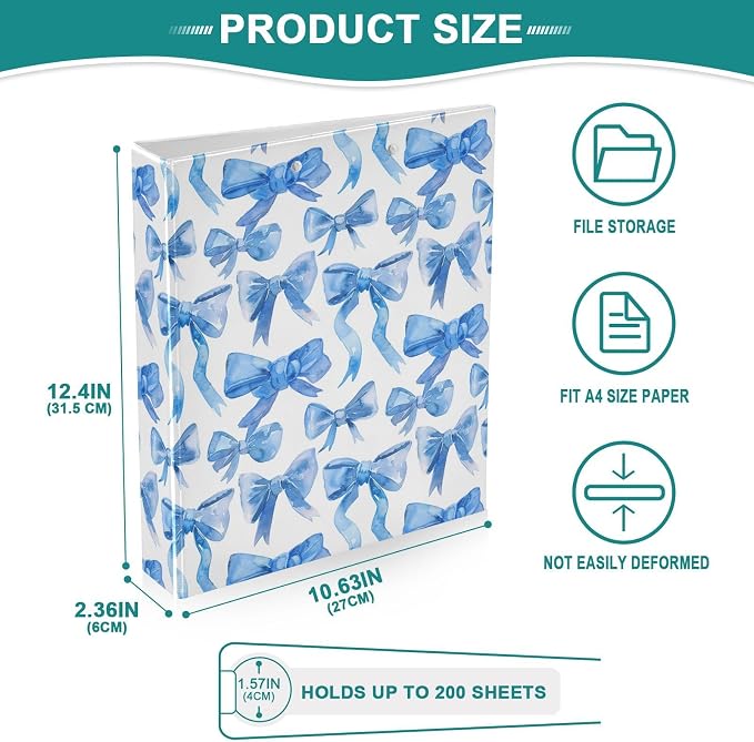 Blue Ribbon Bows Watercolor 3 Round Ring Binders | 1.5 Inch Binder with Clipboard, PVC Pockets, Work Organizer, Holds 200 Sheets for School Office 1 Pack