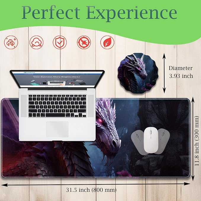 Extended Gaming Mouse Pad 31.5" x 11.8", with Edge Stitching, Non-Slip Rubber Base Keyboard Pad, Suitable for Work, Game, Office, Home and Coasters, Cool Dark Dragon