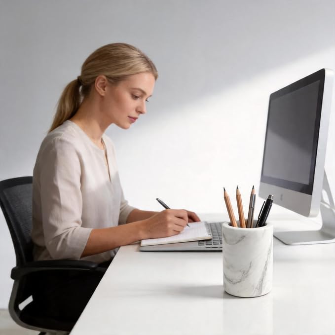 Marble Pen Holder, Minimalist Desk Stationery Cup for Home Office | Solid marble,Natural unique stone veins,Smooth polished finish,Weighted non-slip base,Stable anti-topple structure