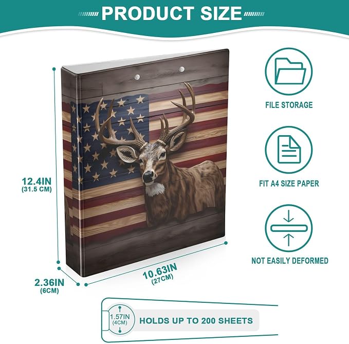 3 Ring Binder, American Flag Deer File Folder Holds 200 Sheets File Storage for Women Men School Office Supplie