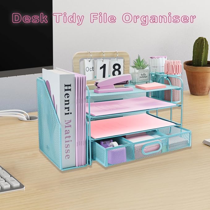 Desk Organizers and Accessories with File Holder, 4-Tier Paper Letter Tray Organiser with Drawer and 2 Pen Holder, Mesh Desktop Document Organizer for Office Supplies, Workspace - Blue