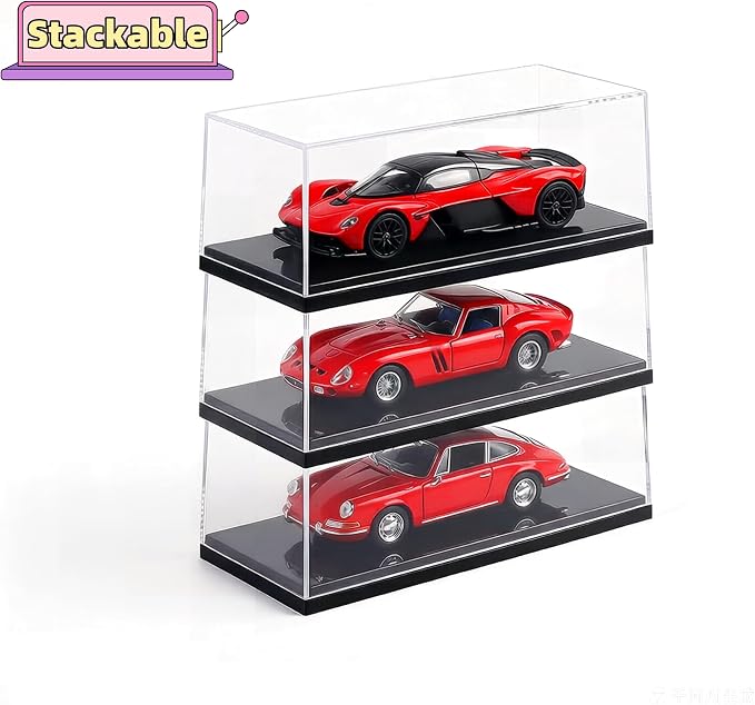 Model Car Display Case for 1:32 Scale Diecast Cars, Clear Acrylic Stackable Showcase Box for Toys & Memorabilia, Dustproof Collector Storage with Black Base, 8 x 3.7 x 3.7 Inch