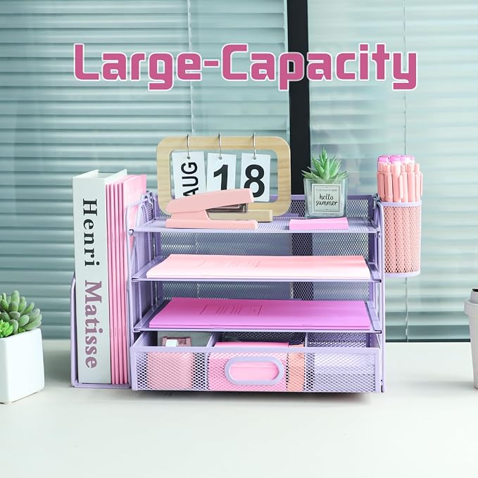 Desk Organizers and Accessories with File Holder, 4-Tier Paper Letter Tray Organiser with Drawer and 2 Pen Holder, Mesh Desktop Document Organizer for Office Supplies, Workspace - Purple